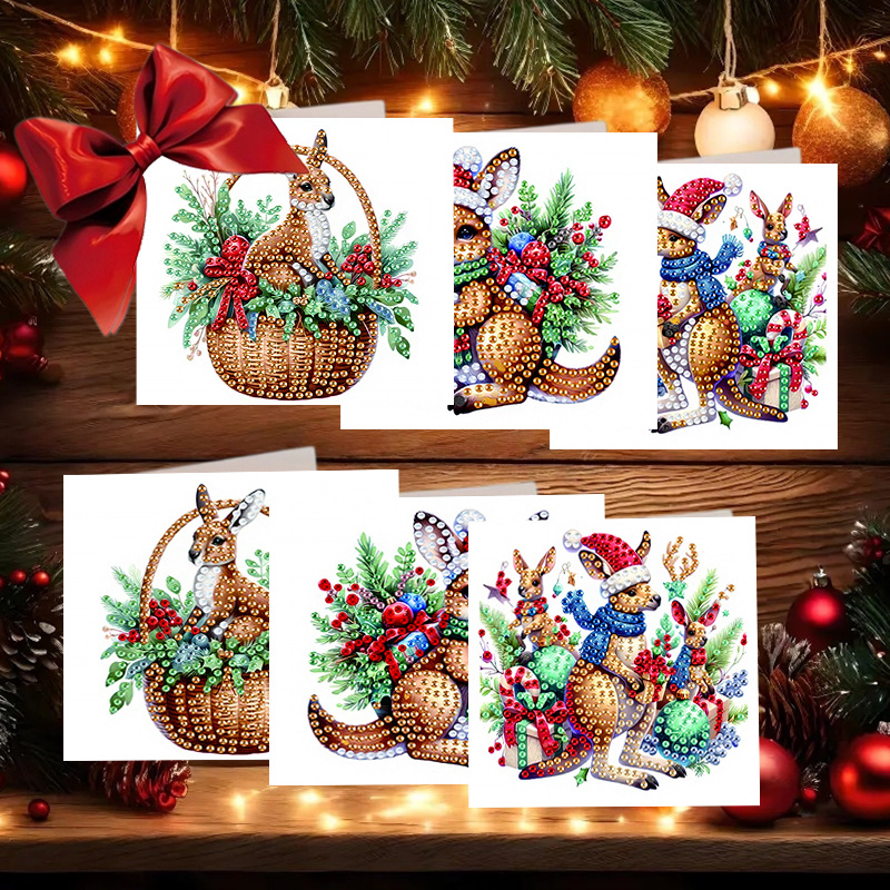 TEMU 6pcs Diy Diamond Painting Greeting Card & Envelope Set - Christmas Reindeer Suitable For Birthdays, New Year Cards, Adult Handmade Mosaic Craft