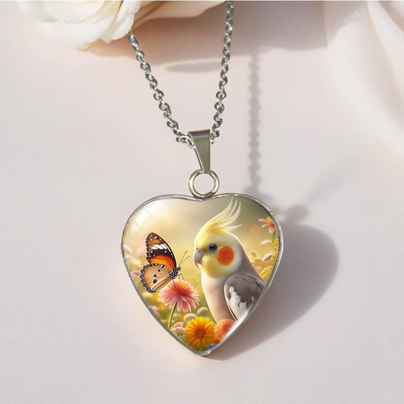 TEMU Spring Cockatiel Parrot And Picture Heart Pendant Necklace Fashion Jewelry Gifts