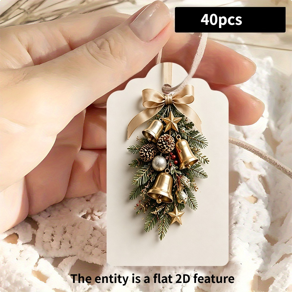 TEMU 40pcs/80pcs Christmas-themed 2d Gift Tags, Featuring Decorative Metal Bells, Evergreen Branches, Pine Cones, Spherical Ornaments, And Exquisite