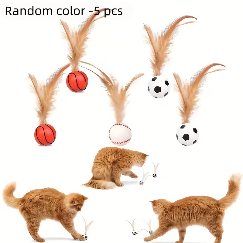 5pcs Teaser Wand, Elastic Ball With Feathers, Teeth Grinding Fun, Self-entertaining Cat Toy. Nontoxic Bite-resistant Rubber Ball. (no Battery Needed) Random Color