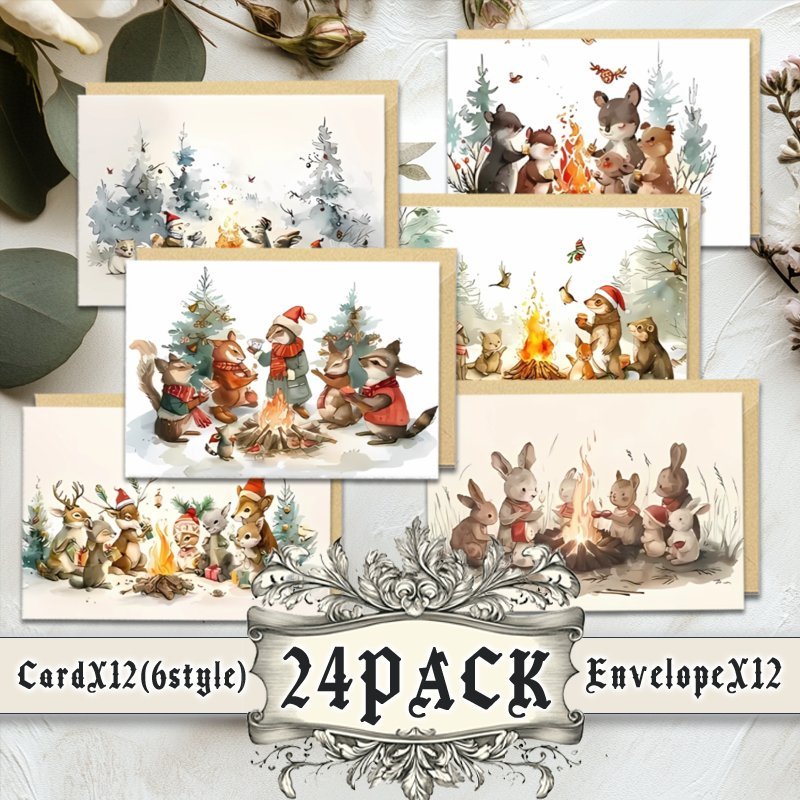 

24 Pack Watercolor Animal Christmas Cards With Envelopes, 12 Unique Holiday Greetings, Paper Cards For Family, Friends, New Year, Birthday, , And Thank You Messages