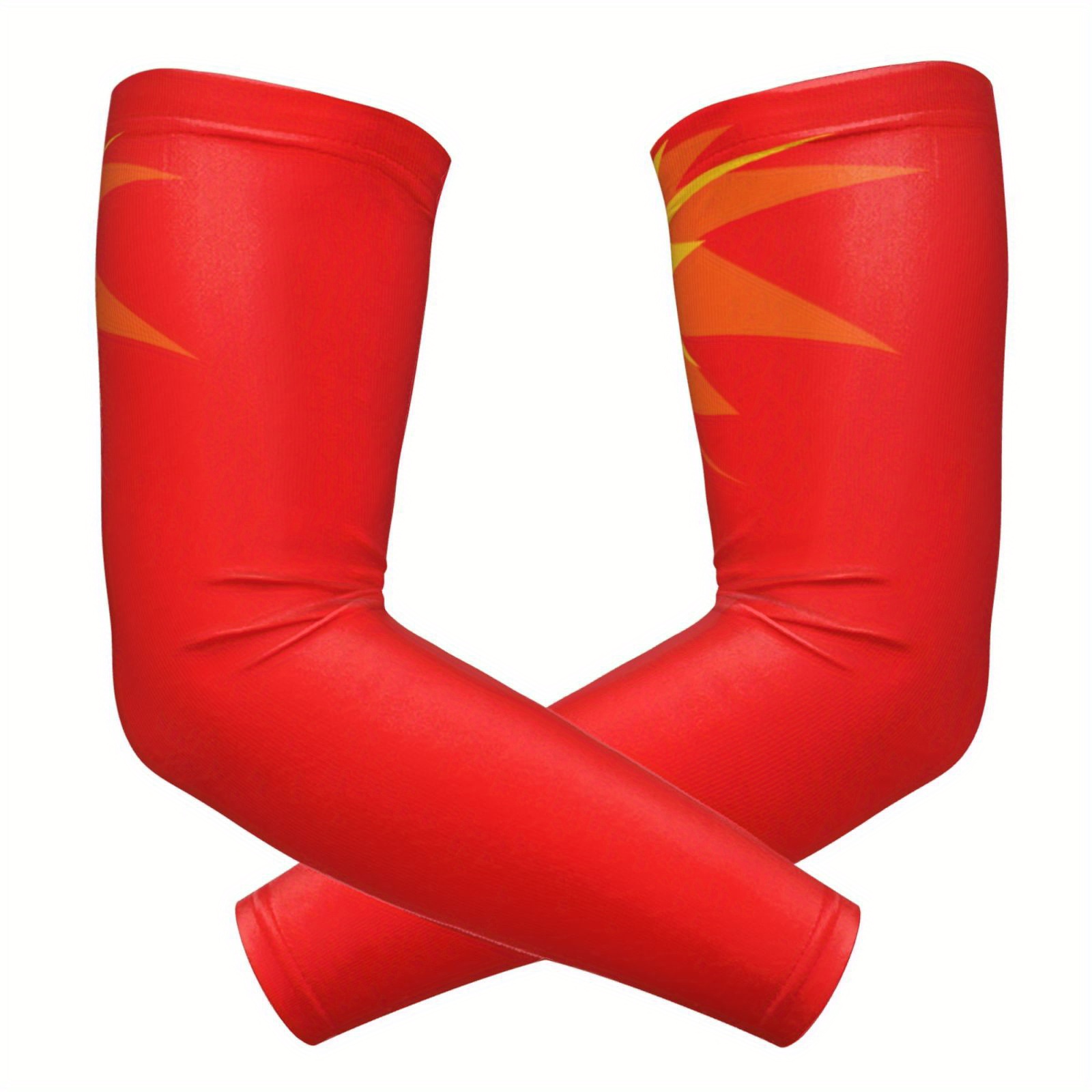 TEMU A Pair Of Vibrant Red Arm Sleeves With Orange Radiance Patterns, Designed For A Dynamic And Style, Featuring 3d And Fashionable Ice Sleeves For