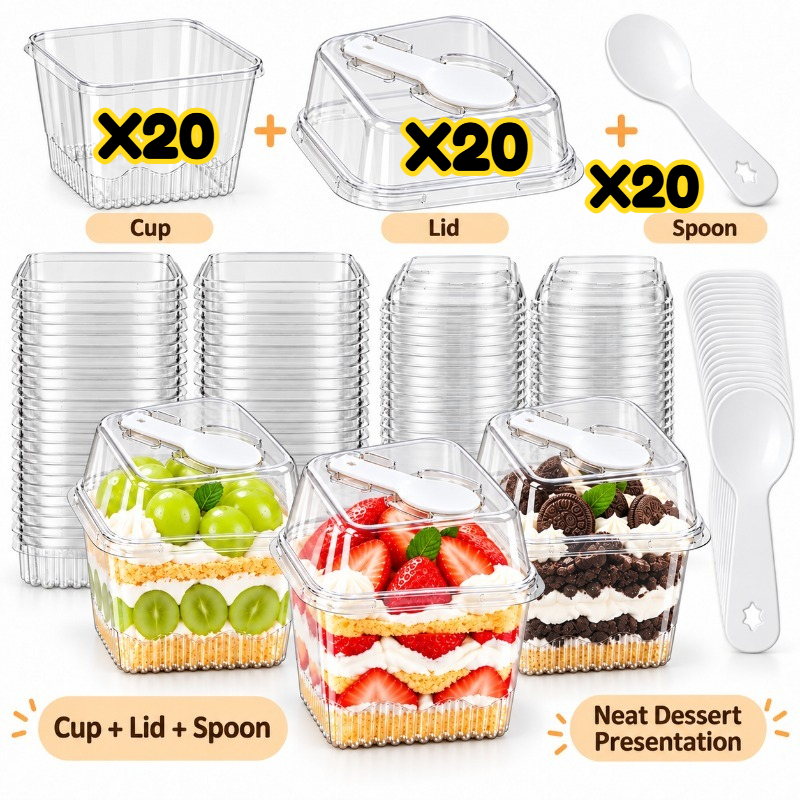 TEMU 60pcs Dessert Cups With Lids And Spoons, 20 Clear Square Parfait Cups + 20 High Dome Lids + 20 Spoons, Mini Cake Pudding Mousse Fruit Cups For