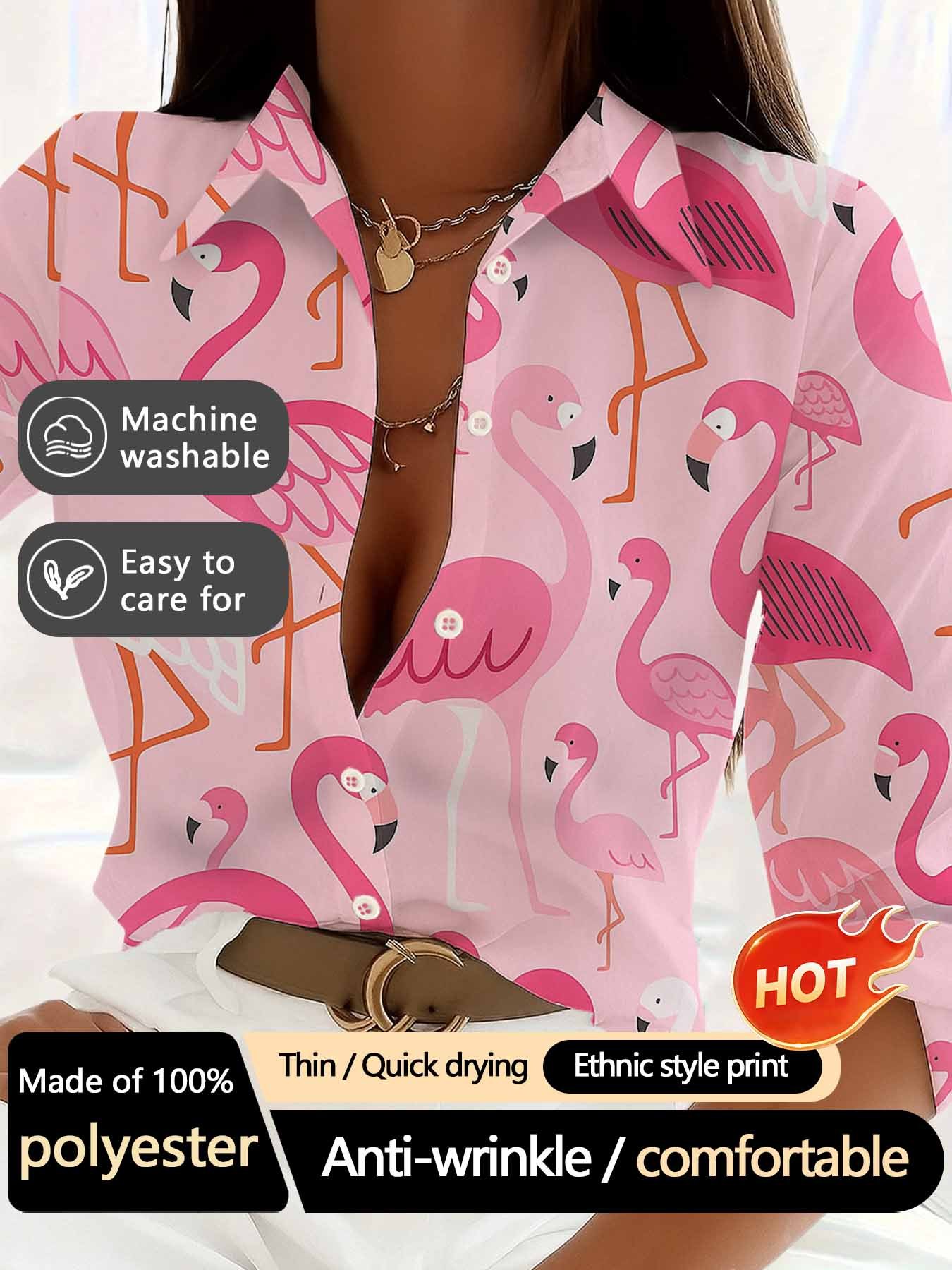 womens longsleeve shirt flamingo womens shirt   shirt cute and   with long sleeves and a collar slightly stretchy casual and comfortable