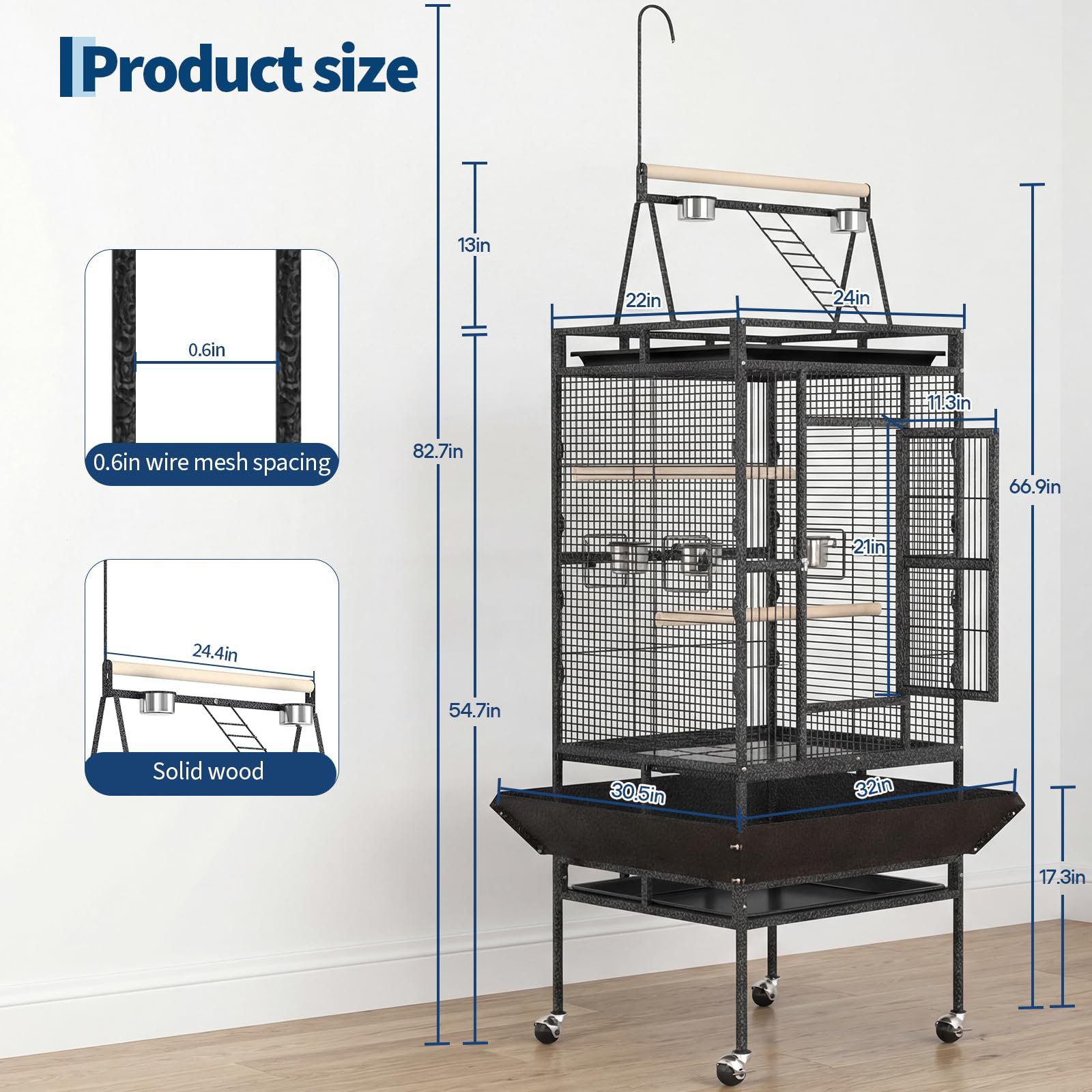 82" Rolling Bird Cage with Play Top And Rope Perch, Large Parrot... product image 5