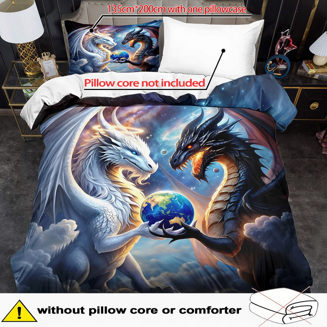 E-shop 2/3-teiliges Bettbezug-Set, Fantasy-Tiere, Drachen und Erde Druck Bettbezug-Set, King Bettwäsche, Polyester Maschinenwaschbar, Quilt Dekoration,