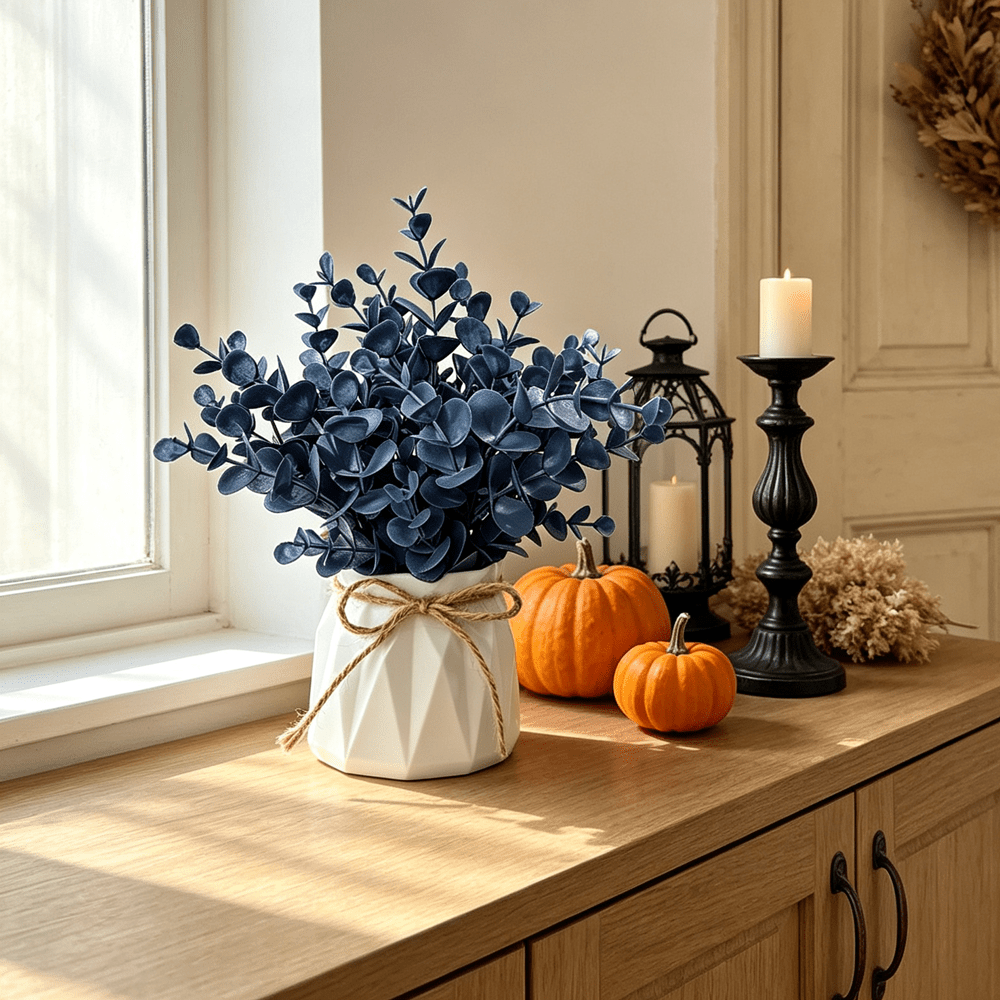 TEMU 1pc Eucalyptus Potted Plant, Halloween-themed Eucalyptus Leaves Prism-shaped Pot, Dark-style Artificial Floral Arrangement In A White Pot, A