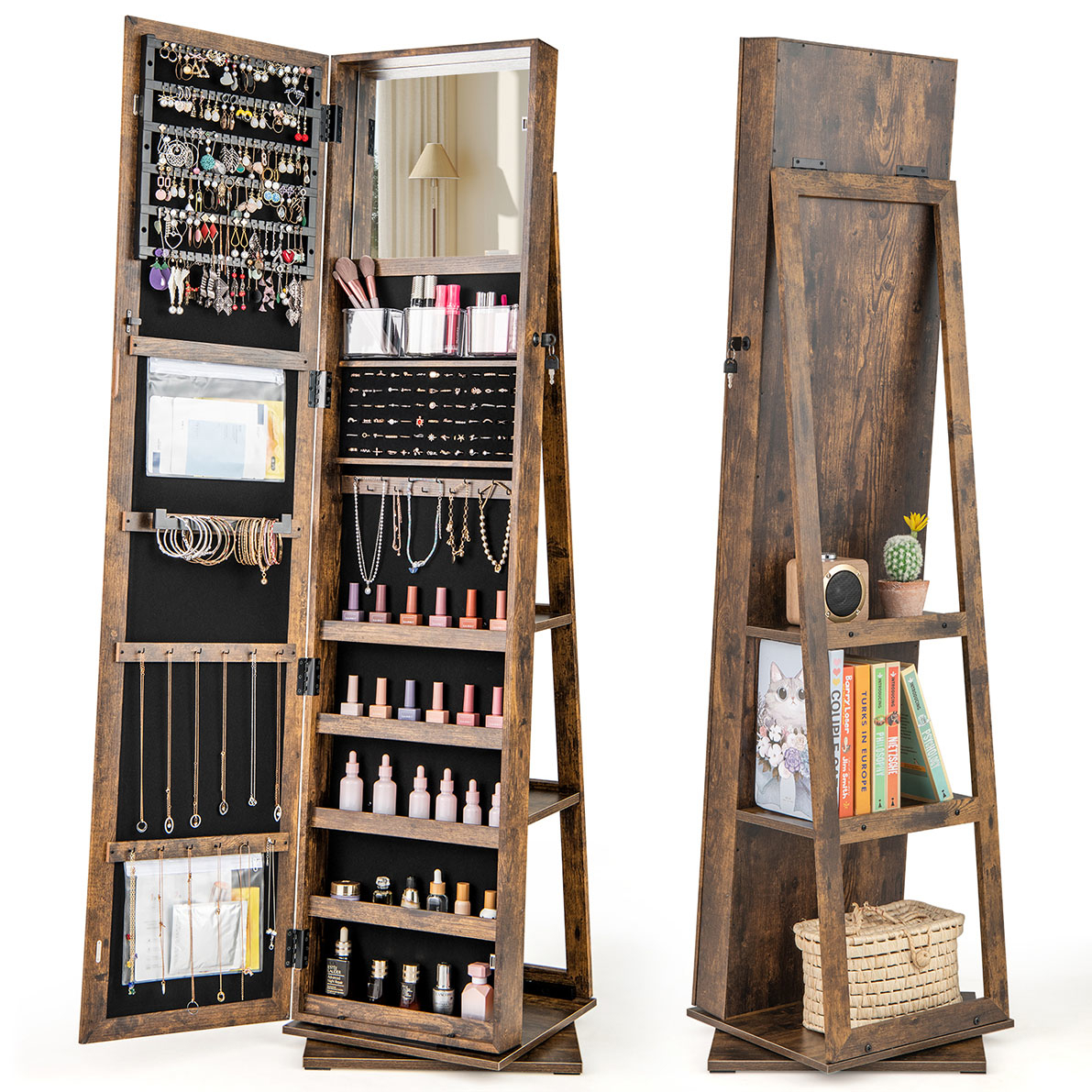 Image of 360° Rotating Jewelry Organizer, With Full-length Mirror And Rear Shelves, Built-in Makeup Mirror, 3 Acrylic Storage Boxes And 2 Zippered Pockets For Bedroom, Jewelry Armoires