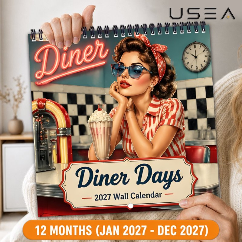 TEMU 2027 Wall Calendar2027 Wall Calendar Diner Days Retro Diner Style, 12 Month Monthly Planner, Twin Wire Spiral Hanging Calendar 8.3x8.3 Inch,