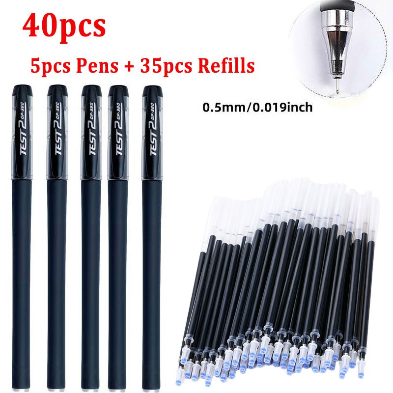 TEMU 40pcs Quick-drying Gel Pens Set Including 5pcs Pens And 35pcs Refills, 0.5mm Fine Tip, Black Ink - Ideal For Office And Everyday Use