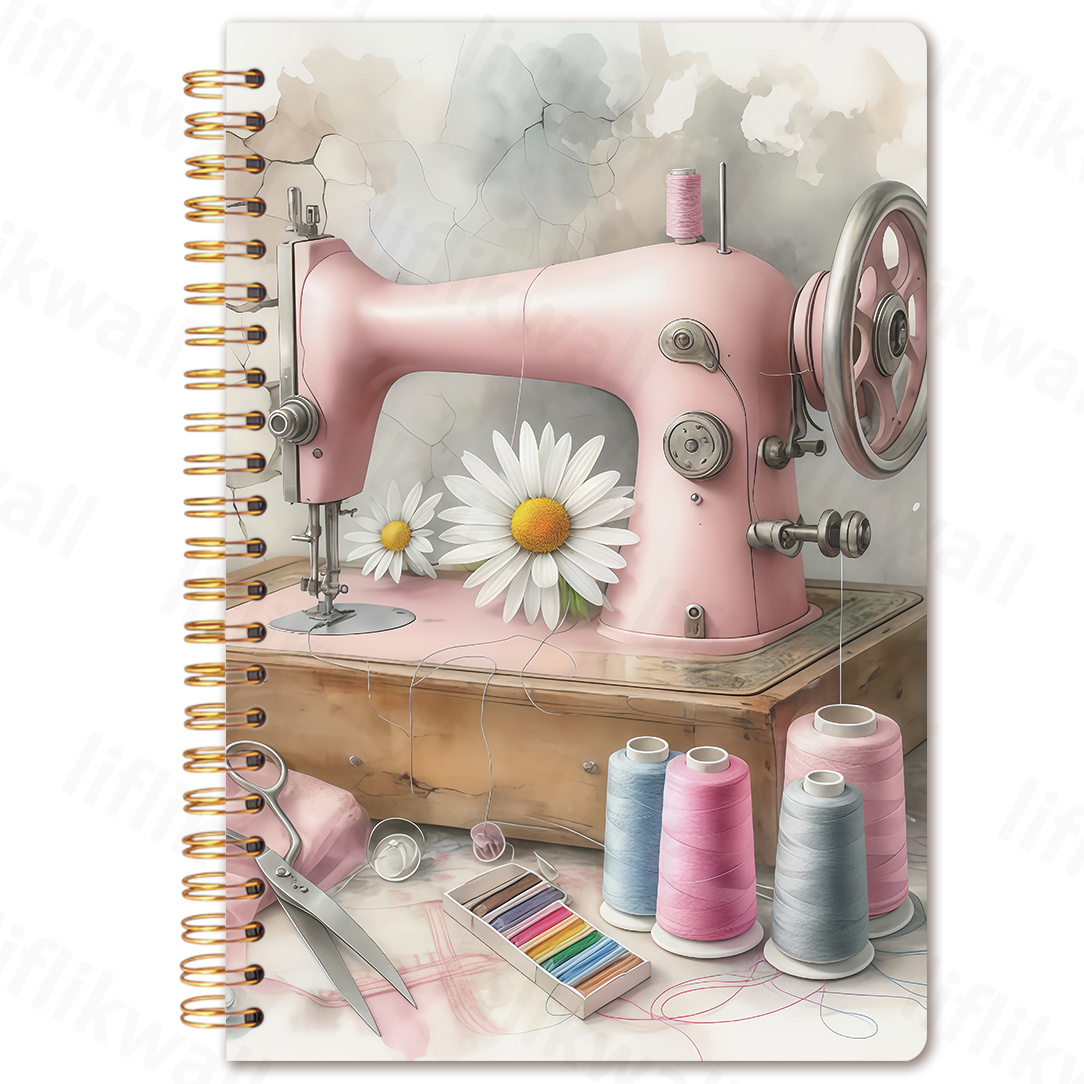 TEMU Spiral Notebook With A Pink Sewing Machine Theme - 5.5x8.3 Inches, With Floral And Spool Designs, Offices, , And As Gifts For Sewing Lovers