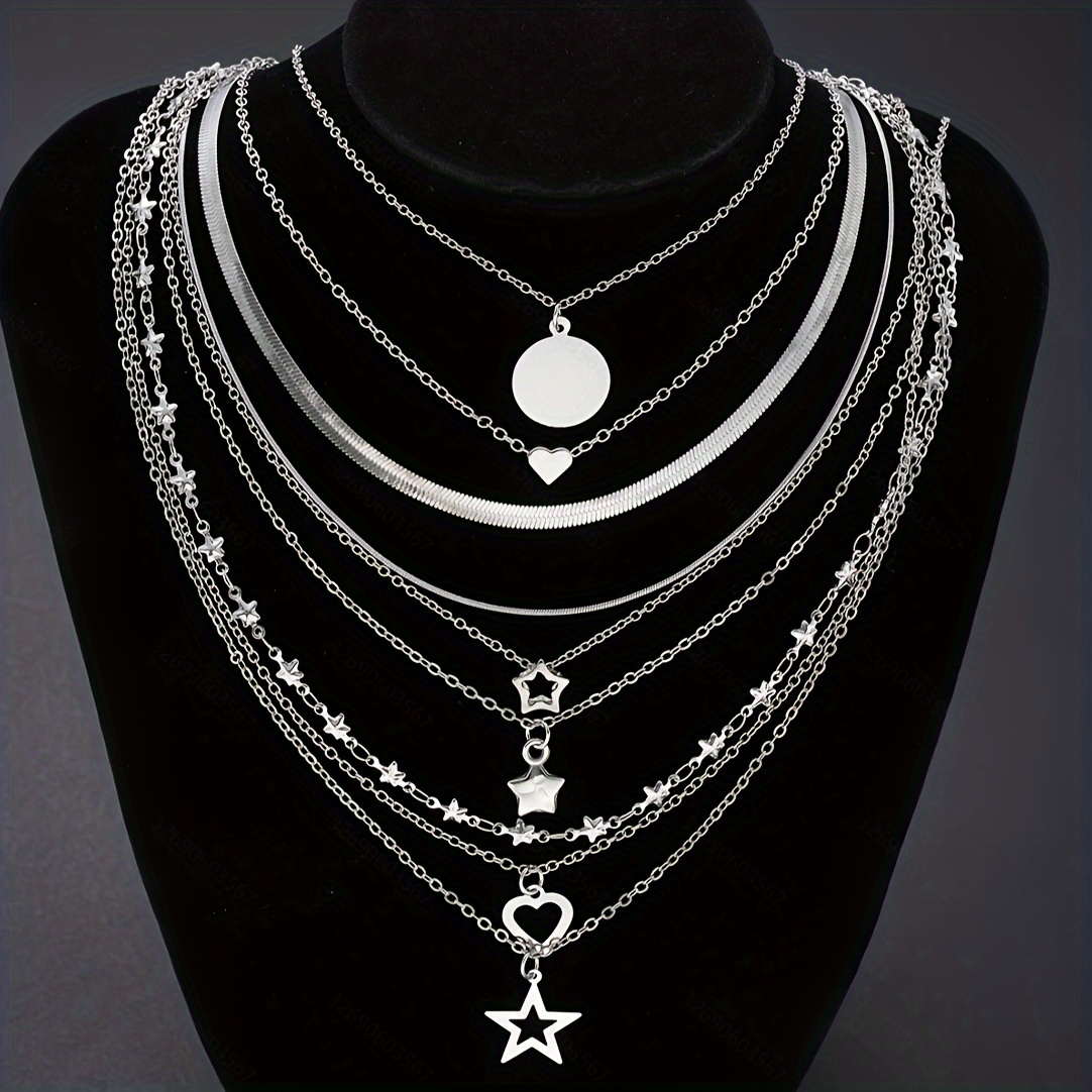 E-shop 7-teiliges Damen-Halsketten-Set, silbrige Halsketten mit Anhänger in Herz-, Stern- Yin-Yang-Scheiben-Form, Vintage, , elegant, im Bohemian-Stil