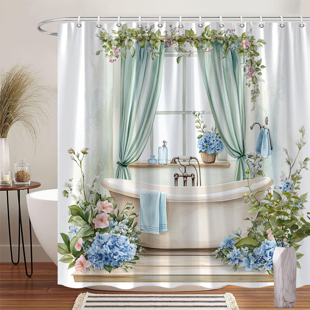 TEMU 1pc Elegant Vintage Clawfoot Bathtub With Plants Shower Curtain, Polyester Fabric, Soft Pastel White Tub With Blue & Greenery, 70.86x70.86in, 12