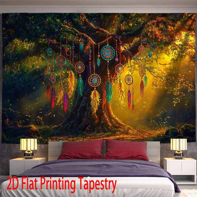 Boho Dreamcatcher Tree Tapestry Fantasy Forest Wall Hanging Decor_voghion.com