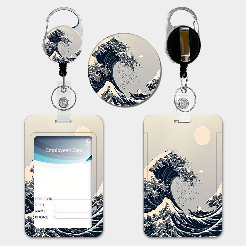 TEMU Japanese -e Wave- Id Card Holder With Retractable Lanyard & Keychain - Dark Blue-gray Suitable For , Durable Plastic Holder Suitable For School,