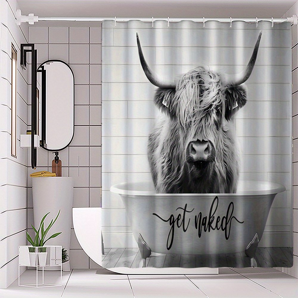 

Highland Cow Bath Curtain With "get Naked" Print - 1pc, Woven Polyester, Machine Washable, Water-resistant With Hooks, Artistic Animal Design, Weave - Bathroom Decor