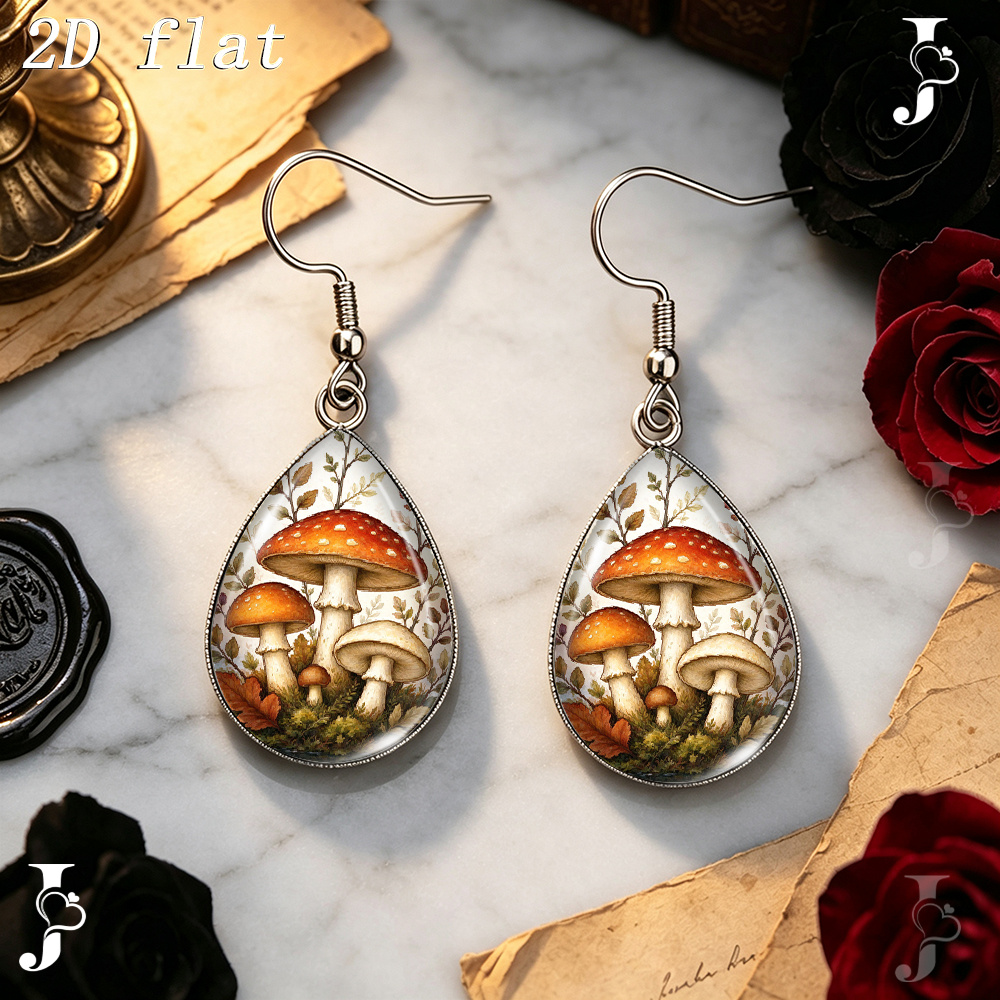 Teardrop Dangle Earrings with Vintage Red Mushroom Pattern