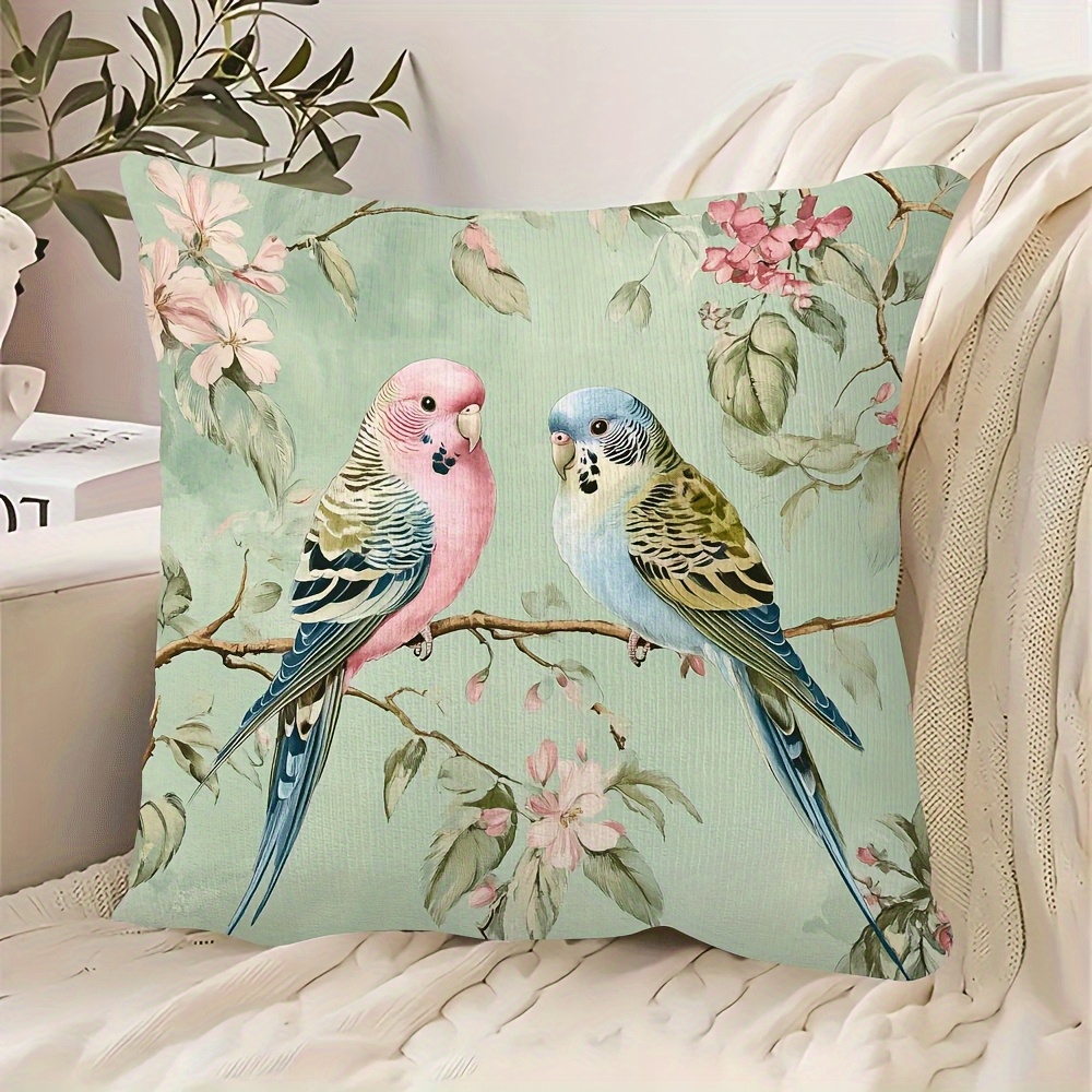 TEMU 1pc Parrot Tropical Plant Polyester Fabric, Soft And Short Pile Material, Single-sided Print Design, No Pillow Insert Included, Zipper Closure,