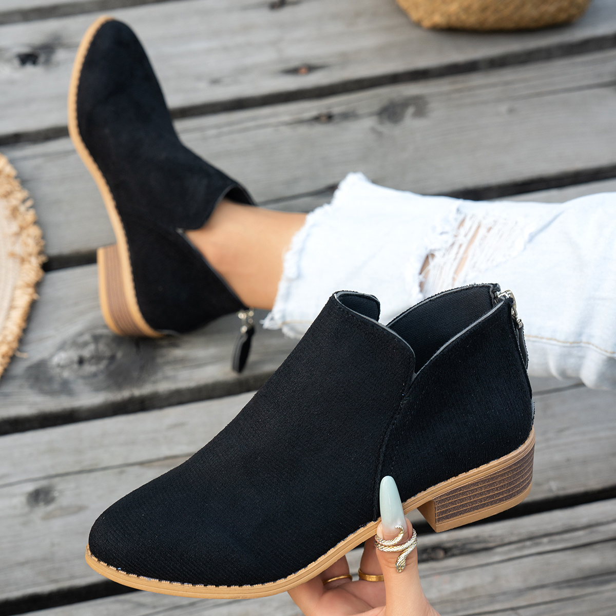 TEMU Autumn Winter New Women's Chelsea Short Boots Round Toe Low Heel Thick Heel Back Zipper Ankle Boots Western Trade Casual Women's Boots Versatile