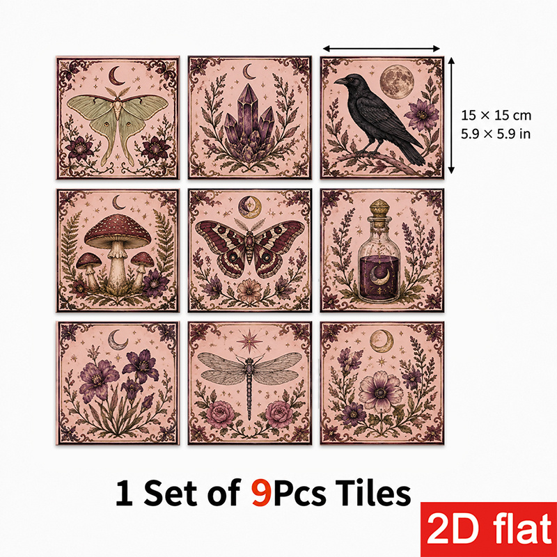 TEMU 2d Flat 9pcs 15x15cm (5.9x5.9in) Slate Tile Stickers Elegant Peel And Stick Wall Tiles With Vintage Botanical Pattern Featuring Moths, ,