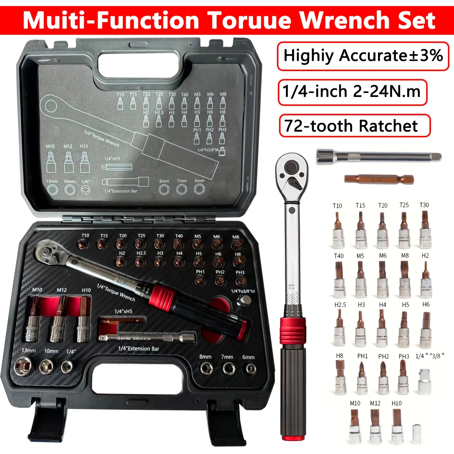 TEMU 32pcs 1/ 4inch Torque Wrench Set With Tool Box, 72-tooth High-precision Torque Wrench, Suitable For Car, Motorcycle, And Bicycle Repair And