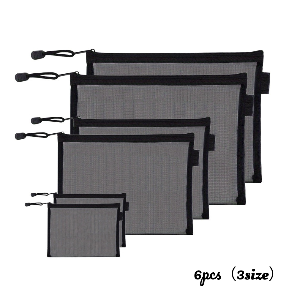 TEMU 6pcs Set Black Nylon Mesh Storage Bags, 3 Size Combinations, Zippered Toiletry Organizer Pouch, Portable Travel Organizer Bag For Small Items,
