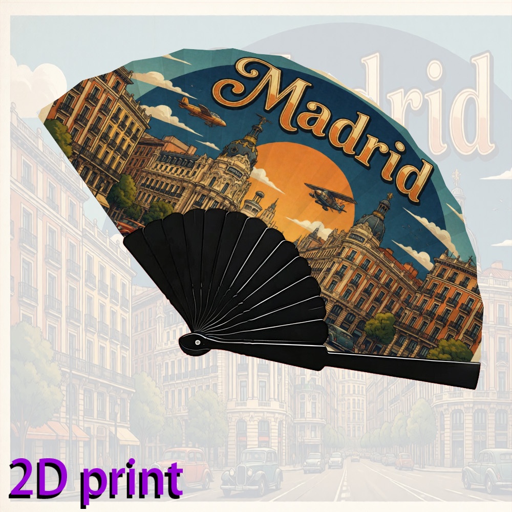 TEMU Ventilador de plegable con diseño del paisaje de Madrid - Enfriamiento y portátil para hombres y mujeres, estilo español vintage para fiestas,
