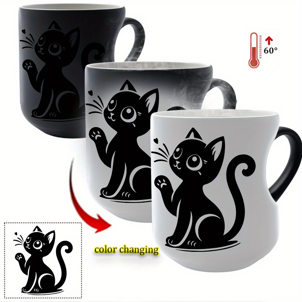 Image of Thermosensitive Ceramic Mug Black Cat Silhouette With Heart Handle - 11oz/ 330ml Color-changing Ceramic Coffee Mug Coffee Day Gifts