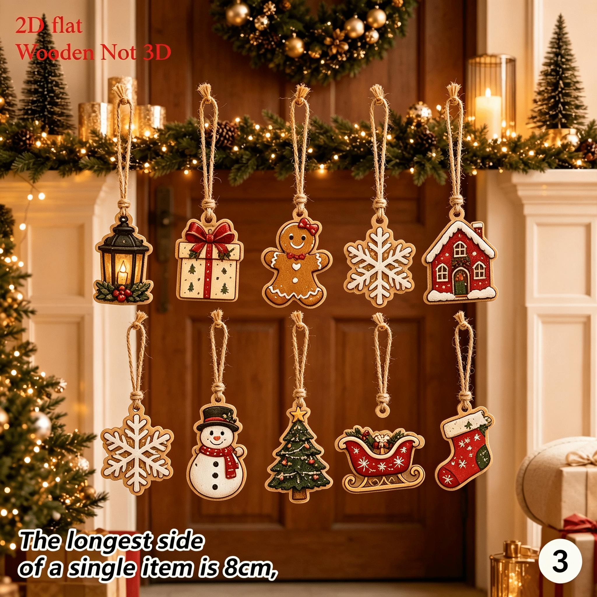item picture 10pcs set retro christmas wooden cutout ornament set 2d flat wooden pieces with   rope and wooden beads wind lantern gift box gingerbread man snowman snowy cottage snowflake christmas tree sleigh christmas stocking