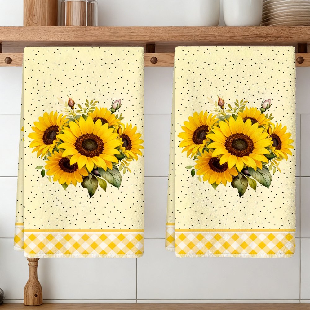 TEMU Cleaning Cloth 2pcs Kitchen Towels, 2pcs, Cleaning Cleaning Supplies Sunflower Bouquet Polka Dot Checkered Edge Pattern Printed Kitchen Towels,