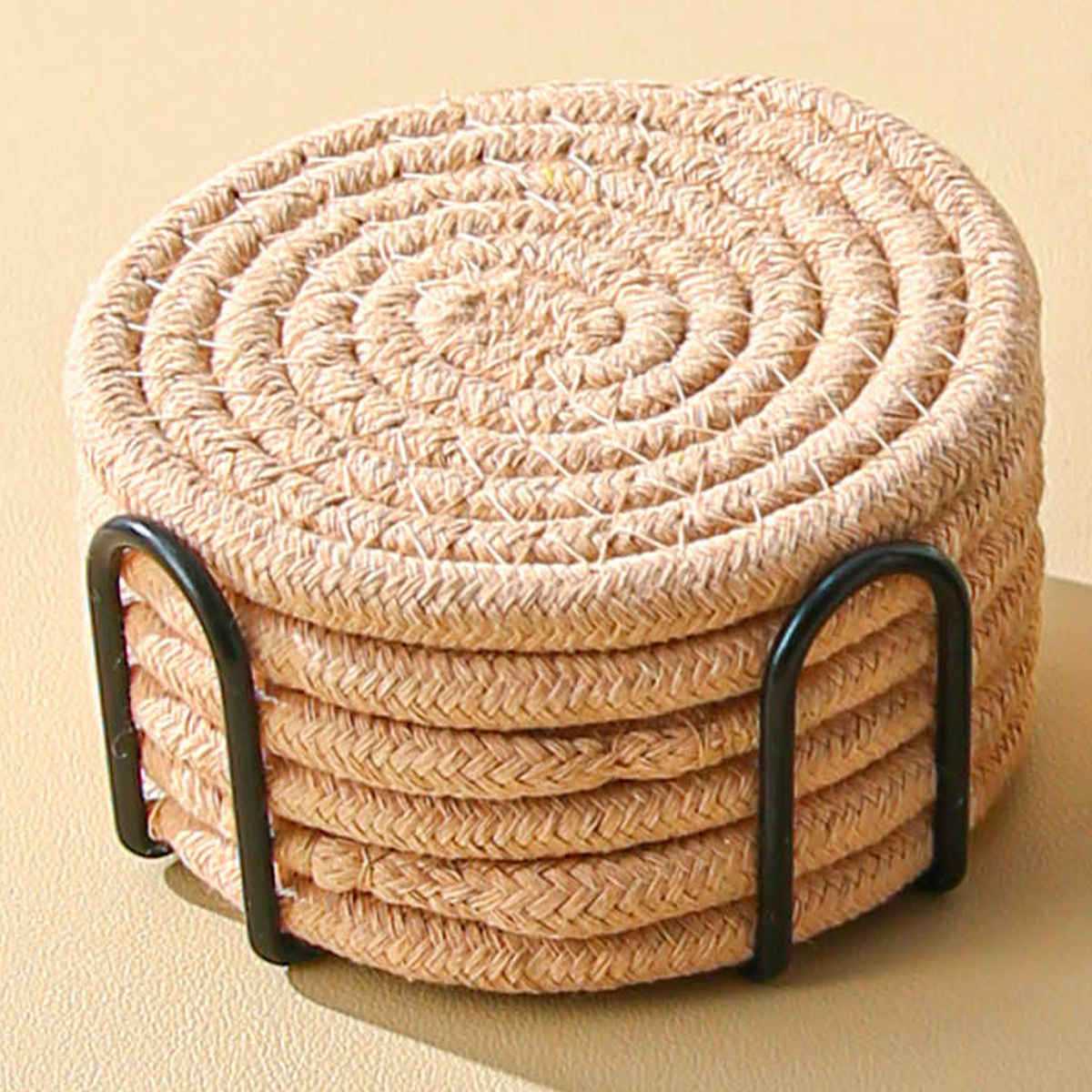 TEMU 7pcs Set (6 Coasters + 1 Iron Stand) Polyester Woven Placemats For Dining Room, Living Room, Kitchen, Heat-resistant Coaster Set, Suitable For