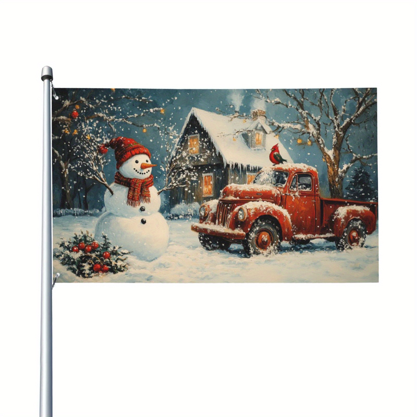 

Merry Christmas Outdoor Flag - 3x5 Feet, Snowman & Red Pickup Truck Design, Single-sided, Polyester With Flagpole Sleeve And 2 Grommets For Easy Hanging, Christmas Flag