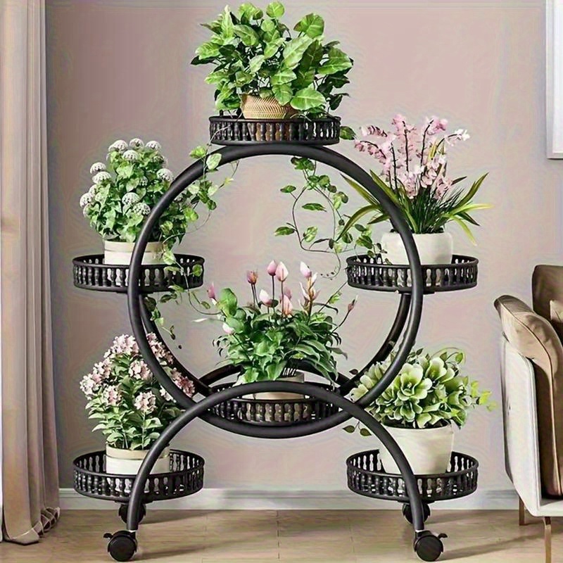 TEMU 1pc Round European Rolling Plant Stand With Wheels - Mobile Indoor/ Outdoor Flower Pot Display For Living Room, Balcony, Pothos Houseplants -