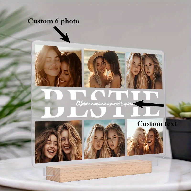 TEMU 2d Flat, 20cm/7.87inch Personalized Acrylic Bestie's Displayed Plaque - 6 Photos Design With Text, With Wooden Stand, Anniversary Gift, Birthday