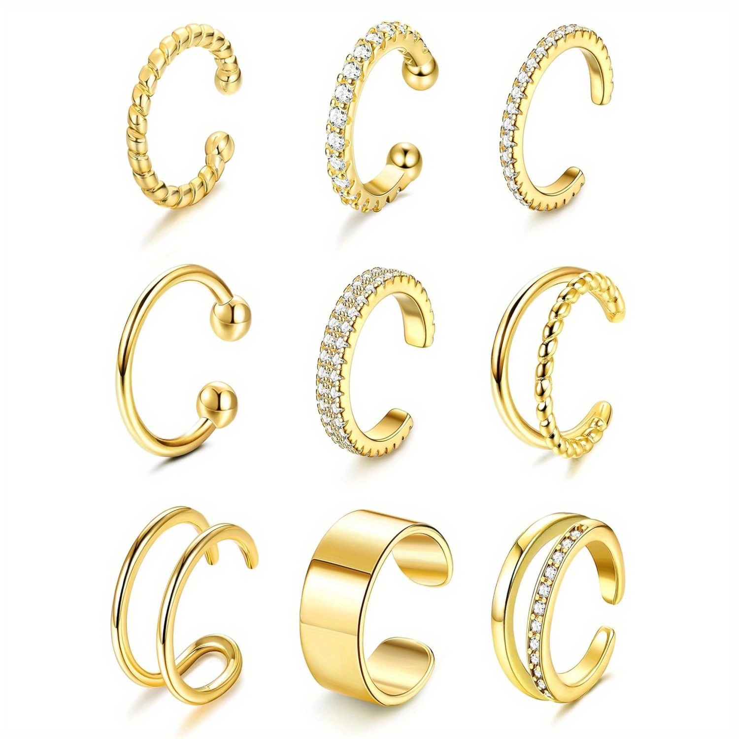 8/ 9pcs Elegant Cz Ear Cuff Earrings For Women 14k Golden Plated Ear Clips Non Piercing Cartilage Clip Cuff Earrings Fake Earrings Fashion Jewelry