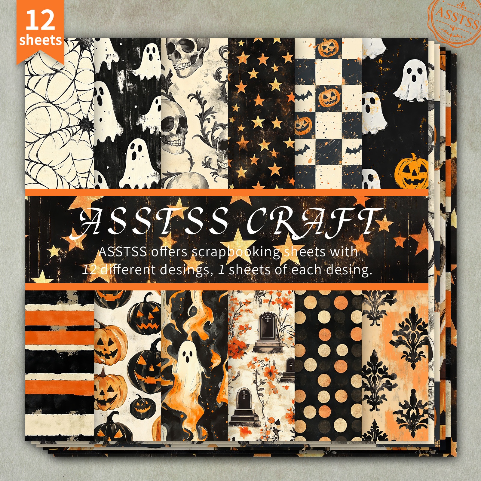 TEMU Lot de 12 feuilles de papier scrapbooking ASSTSS de 6X6 pouces, papier de base style vintage Halloween crâne citrouille rayé à , papier cartonné