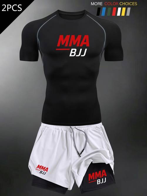 2026 high mens compression t double layer set moisture wicking athletic fitness apparel with mma bjj letter graphic design combining muscle definition and strength training design