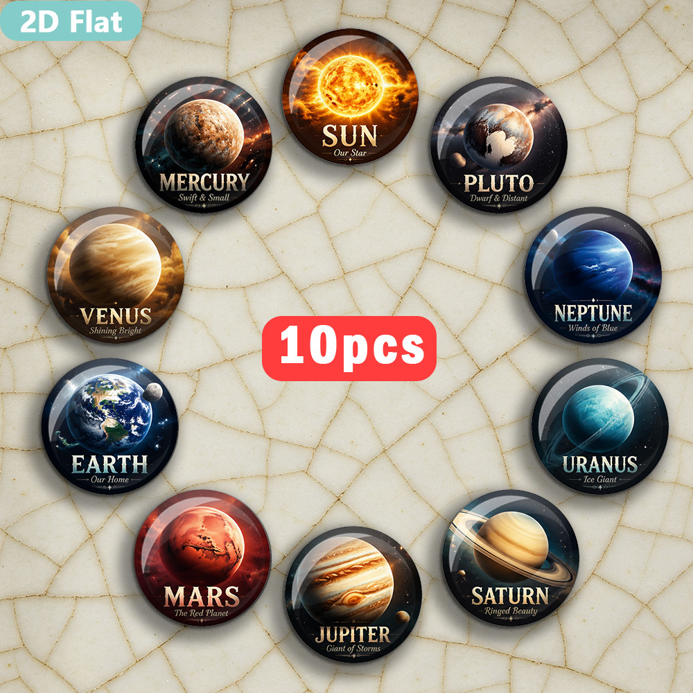 TEMU 10pcs 2d Flat Round Solar System Planets Set, Crystal Glass Fridge Magnets, Pattern, Polished Edges, , Fade Resistant, Suitable For Kitchen