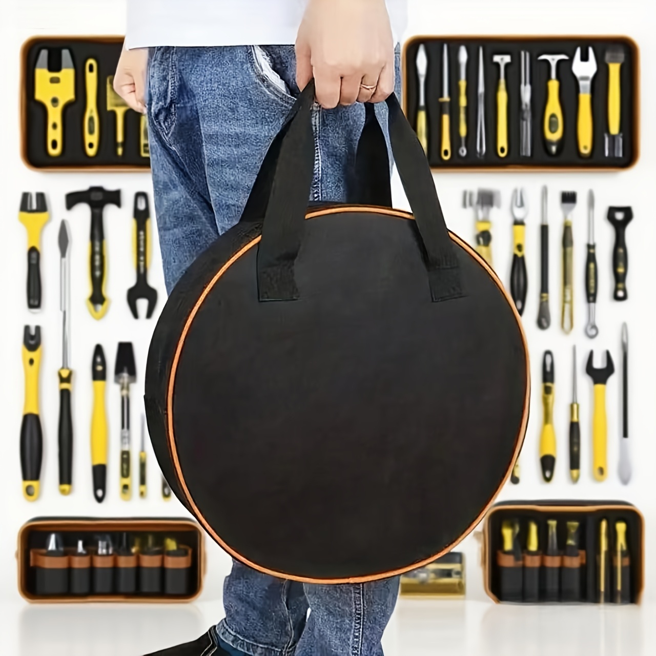 heavy duty round tool bag with zipper closure a portable storage organizer made from durable fabric suitable for rv gardening and workshop tool storage   round design can hold cables   and small tools and   tool