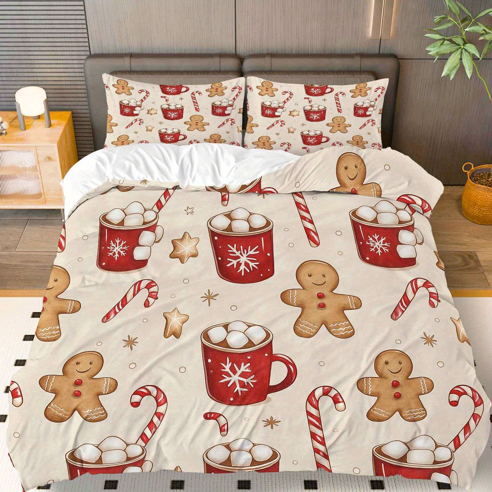 TEMU 3pcs Duvet Cover Set, 1 Duvet 2 Pillowcases(without Filler), Hot Chocolate Gingerbread Candy Cane Winter Theme, Christmas Bedding Set, Holiday