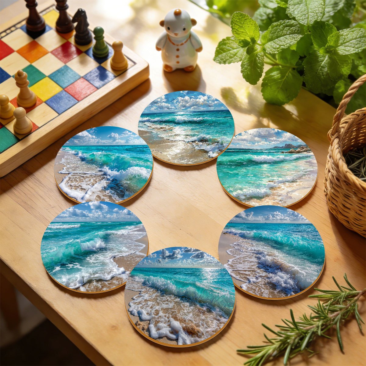 TEMU 6pcs Wooden Round Coasters, Waves And Beach Pattern, Summer Cool Non-slip Heat-insulating Pads, Home Table Coffee Cup Tea Cup Coasters, Living