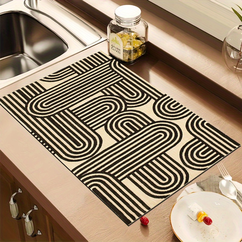 TEMU 1pc Fashionable Geometric Line Pattern Absorbent Kitchen Mat, Coffee Maker Absorbent Pad And Sink Or Countertop Protector Mat, Modern Black And