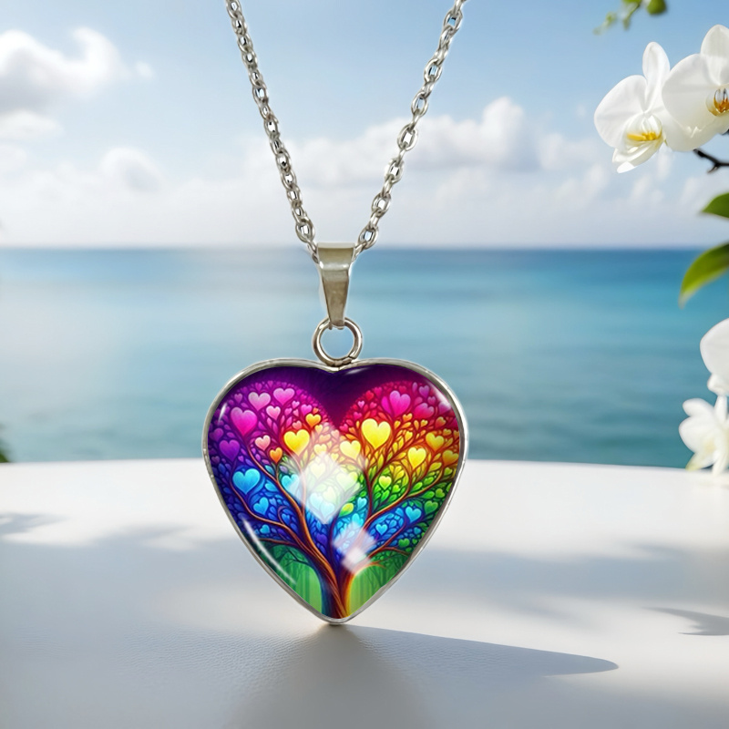 Image of Heart Colorful Tree Of Life Landscape Pattern Heart Glass Cabochon Stainless Steel Pendant Necklace Fashion Jewelry Accessory Gifts