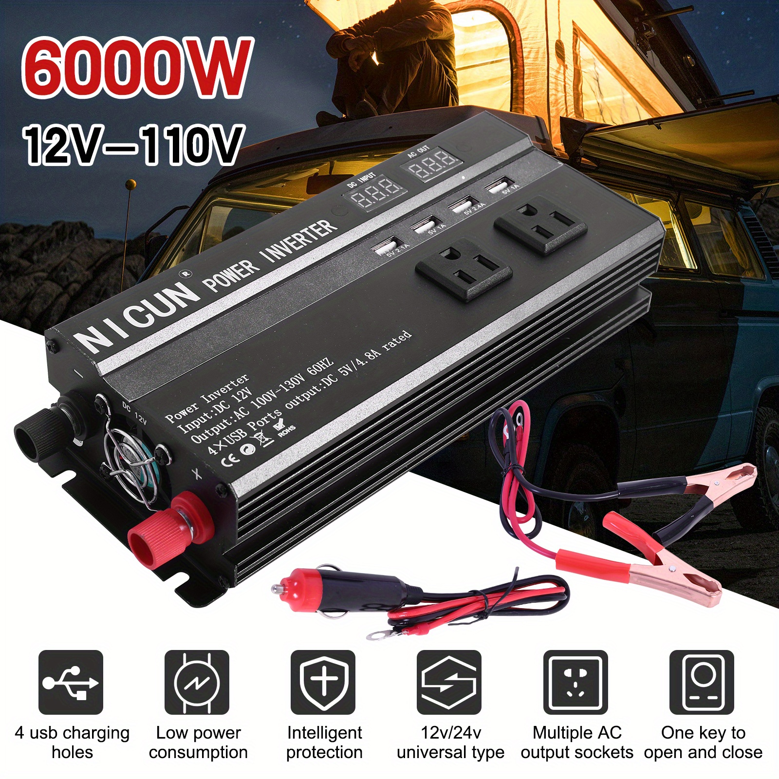 TEMU Onduleur de Voiture 6000W, Convertisseur de Puissance Solaire à Sinusoïdale 12V vers AC 110V avec Écran LCD pour Charge Rapide de Téléphones