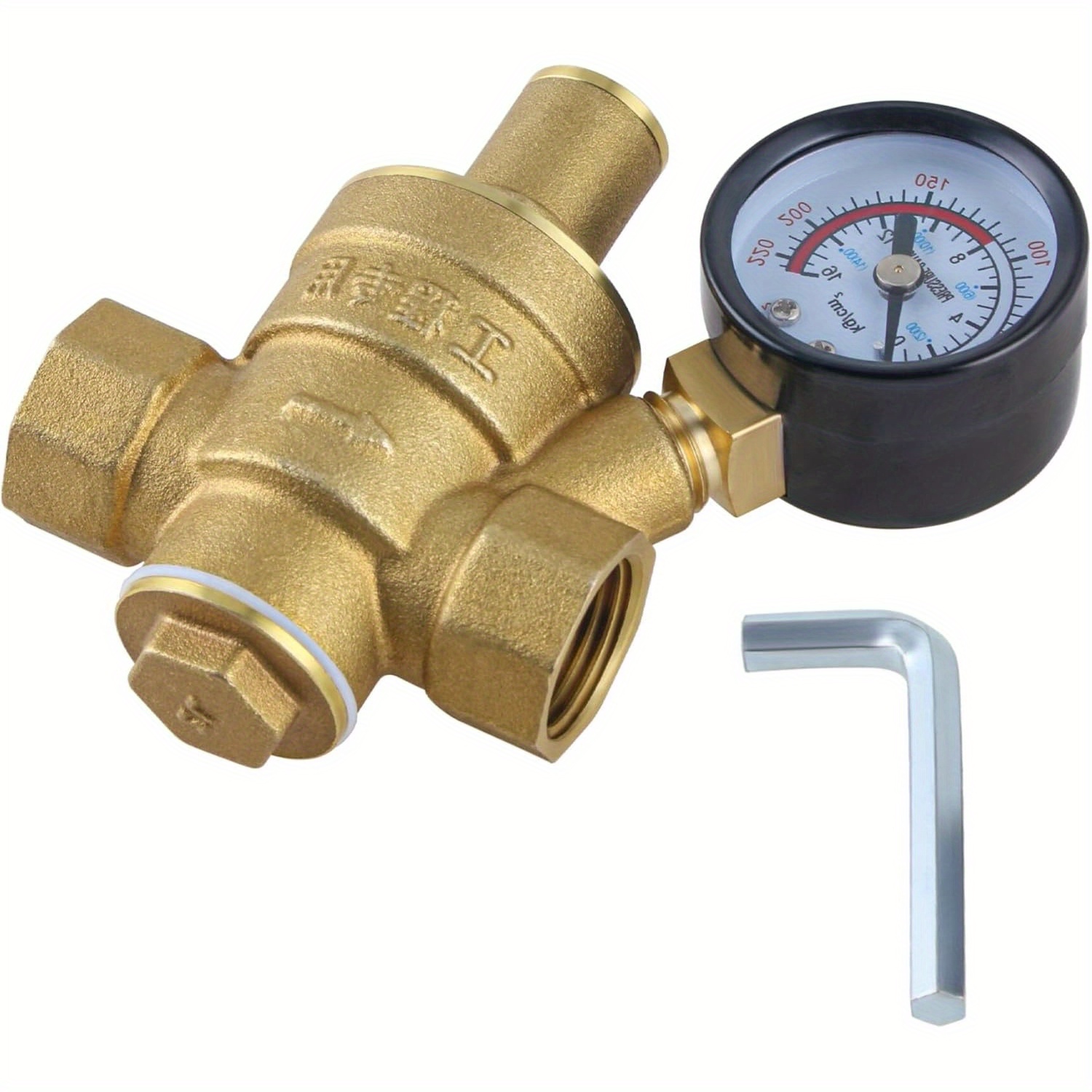 1/2" Brass Water Pressure Reducer Valve With Adjustable Settings, Includes Pressure Gauge & Wrench For , Ideal For Hot Water Heaters And Drinking Water Systems