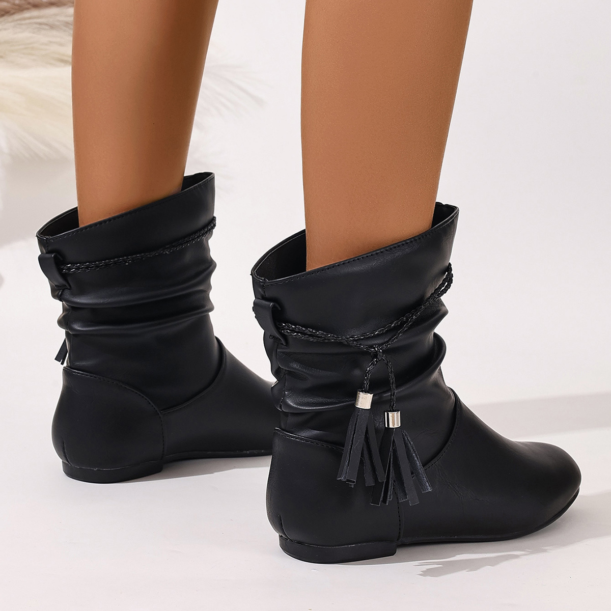 Women's Slip-On Ankle Boots with Tassel Detail Chunky Flat Heel, Round  Toe, Faux Cover Upper Rubber Sole Black Casual to Dressy Versatile Boots