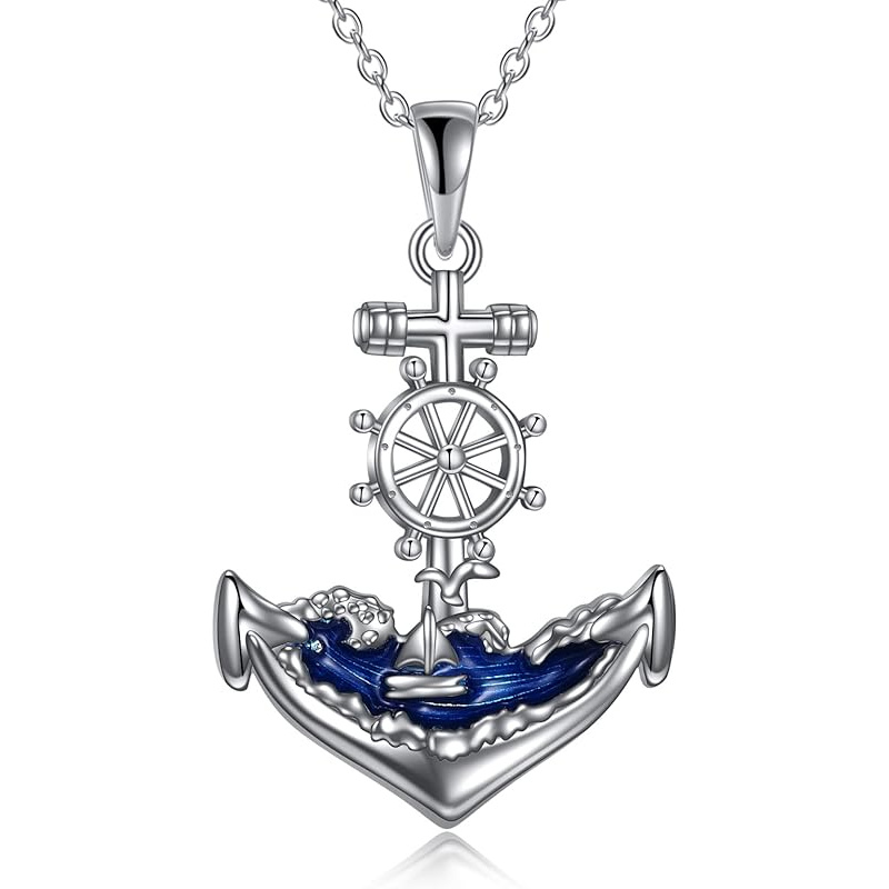 TEMU Anchor Necklace Sterling Silvery Polished Nautical Anchor Rope Fine Ocean Jewelry Unisex