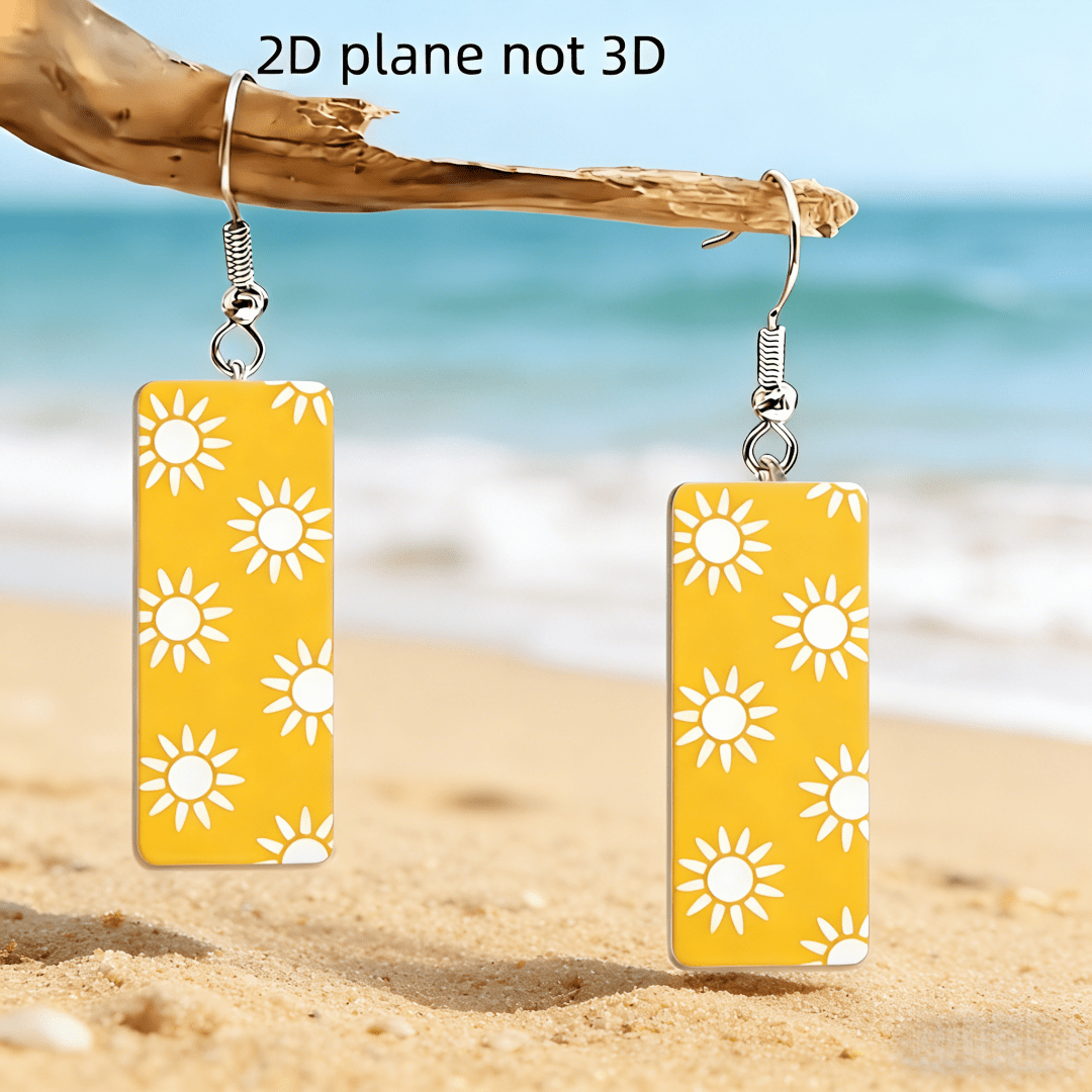 Bohemian Summer Beach Yellow Sun Rectangular Earrings, Cute Gift