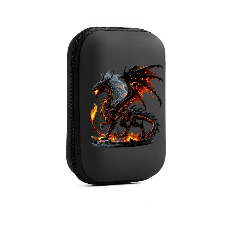 TEMU Flame Demon Dragon Design. An Essential Item For ! Eva Hard Edgeear Storage Box For Earphones, Cables, And . With A Mesh Pocket. Strong Hard