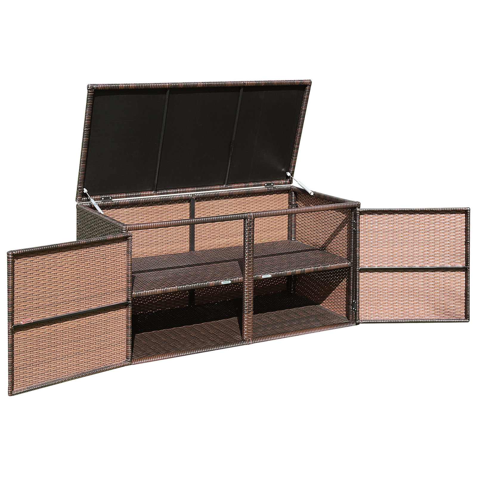Image of 335l Patio Rattan Storage Box, Outdoor Wicker Pool Storage Container With Lid & 2 Shelves, Garden Storage Bin With , Deck Box For Storing Tools, Toys, Accessories